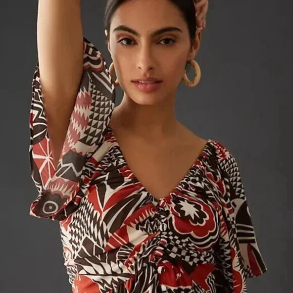 Anthropologie Tiered Maxi Dress V Neck Flutter Sleeve Southwestern Size M - Picture 2 of 11